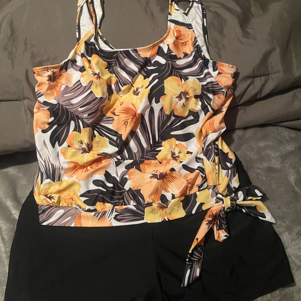 Yellow Floral Side-Tie Tankini Top with Black Accents